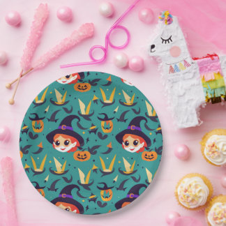 Plato De Papel Imagen de Halloween con la cara de una bruja feliz