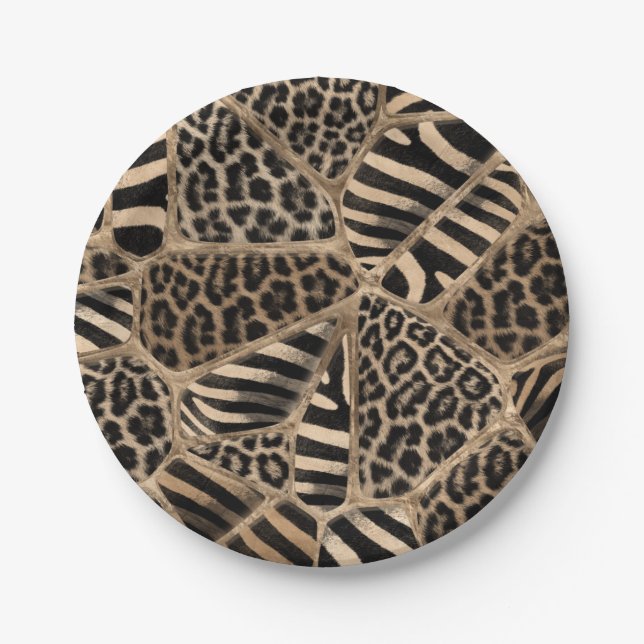 Plato De Papel Impresión animal - Leopardo y cebra - oro pastel (Anverso)
