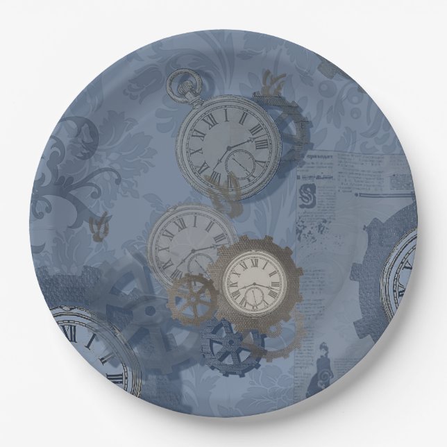 Plato De Papel Impresión azul Steampunk (Anverso)
