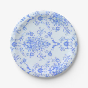 Plato De Papel Impresión bonita del damasco azul