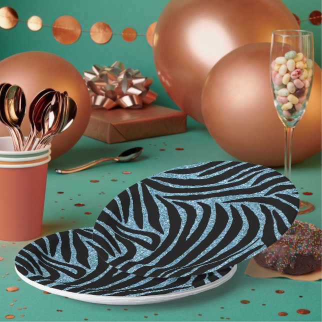 Plato De Papel Impresión de cebra de brillo Aqua Faux (Multi)