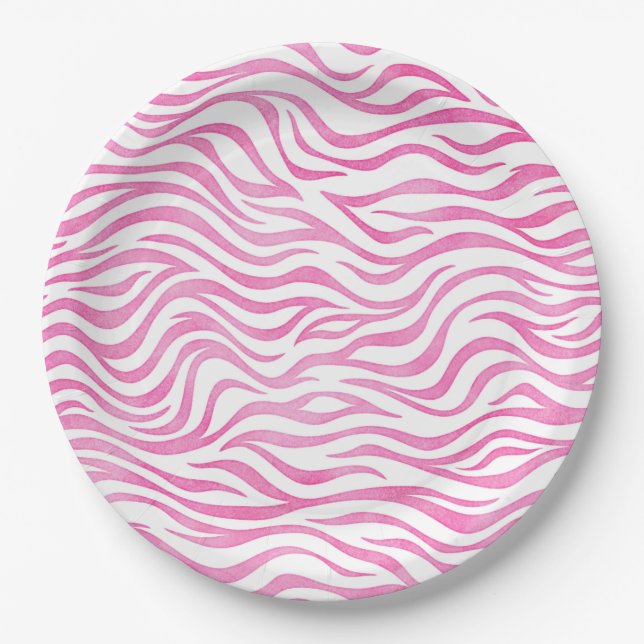 Plato De Papel Impresión de cebra de color acuático rosa caliente (Anverso)
