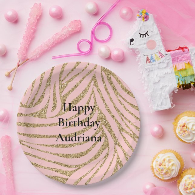 Plato De Papel Impresión de cebra Purpurina de imitación de oro r (Fiesta)