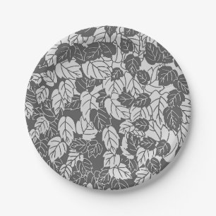 Plato De Papel Impresión de hojas japonesas, gris claro y oscuro 