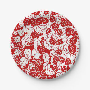Plato De Papel Impresión de hojas japonesas, rojo oscuro y blanco