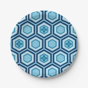 Plato De Papel Impresión de kimono hexagonal, marina y azul claro