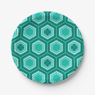 Plato De Papel Impresión de Kimono Hexagonal, Verde azulada, Aqua