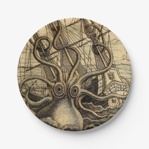 Plato De Papel Impresión de Kraken de época