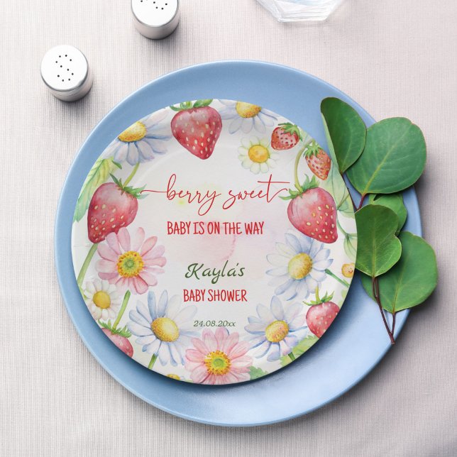 Plato De Papel Impresión de la ducha de bebé de fresa dulce Berry (Berry sweet summer garden strawberry baby shower personalized printed paper plates table decor)