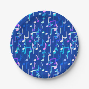 Plato De Papel Impresión de las notas musicales - azul añil,