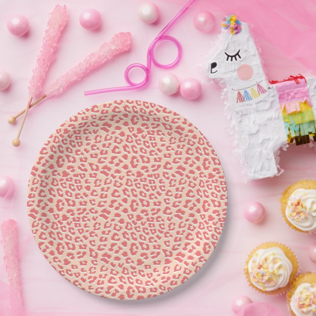 Plato De Papel Impresión de leopardo blanco de coral (Fiesta)