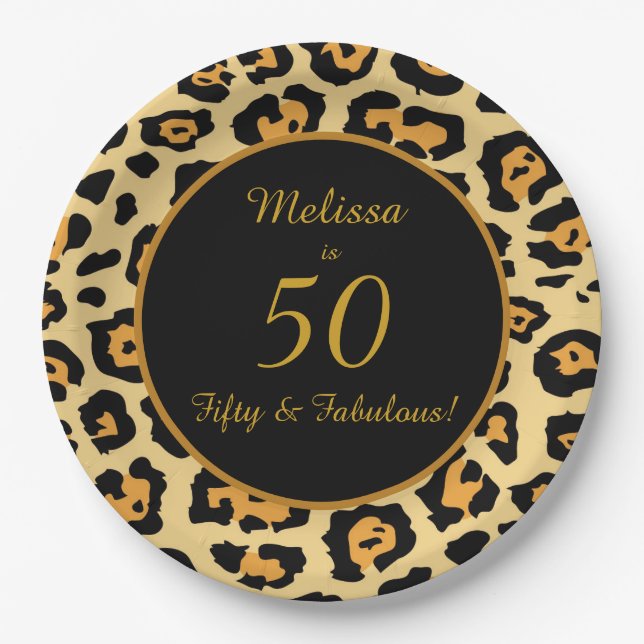 Plato De Papel Impresión de leopardo de cumpleaños 50 fabulosa (Anverso)