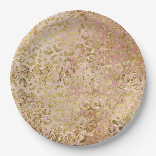 Plato De Papel Impresión de Leopardo de Oro Rosa (Anverso)