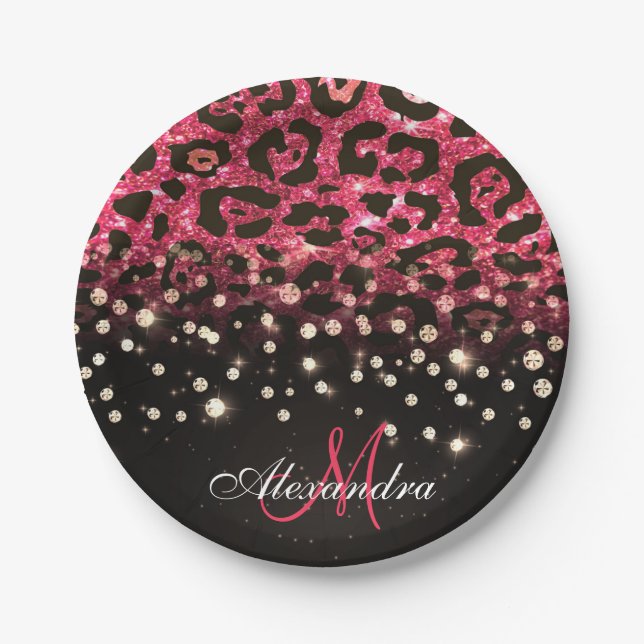 Plato De Papel Impresión de leopardo de Purpurina rosa y diamante (Anverso)