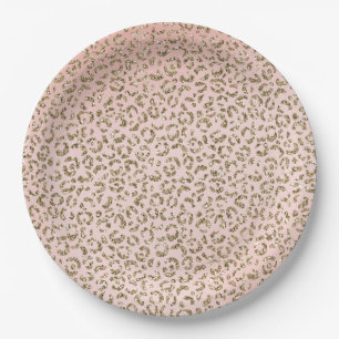 Plato De Papel Impresión de leopardo dorado Purpurina rosado Rub