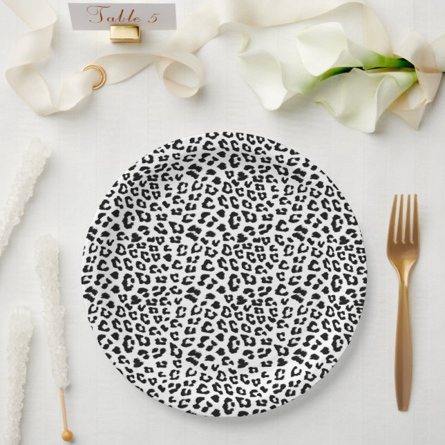 Plato De Papel Impresión de leopardo en blanco y negro (Boda)
