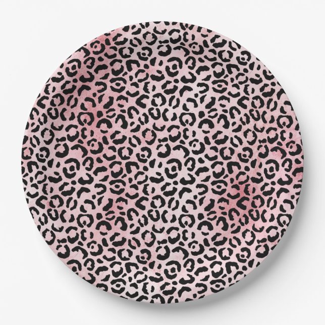 Plato De Papel Impresión de Leopardo Negro Rosa (Anverso)