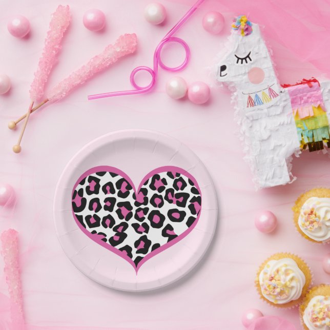Plato De Papel Impresión de leopardo salvaje en el corazón (Fiesta)