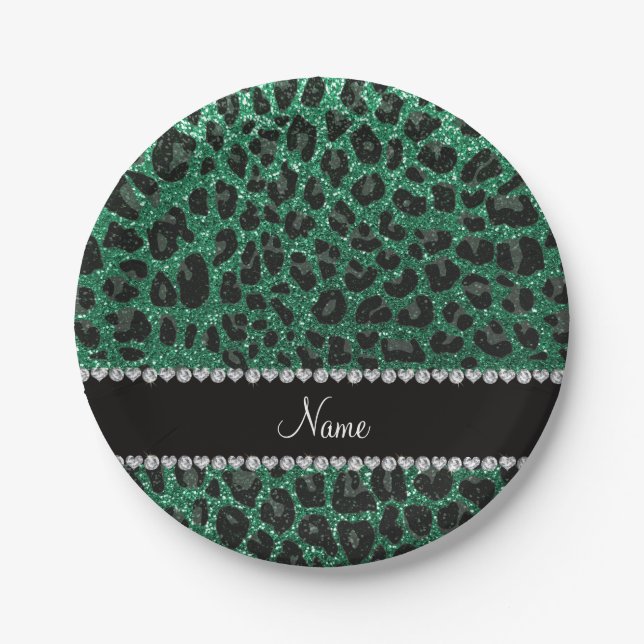 Plato De Papel Impresión de leopardo verde de purpurina de menta  (Anverso)