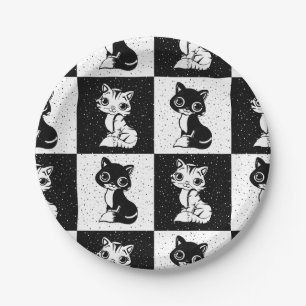 Plato De Papel Impresión de monograma de gato blanco negro