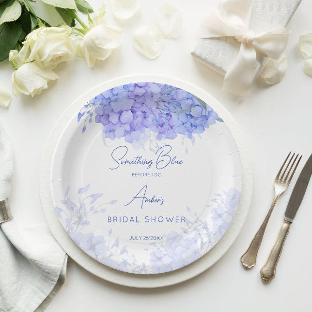 Plato De Papel Impresión de una ducha de novia de hidrangea azul (Something blue hydrangea bridal shower monogram printed paper plates personalized table decor)