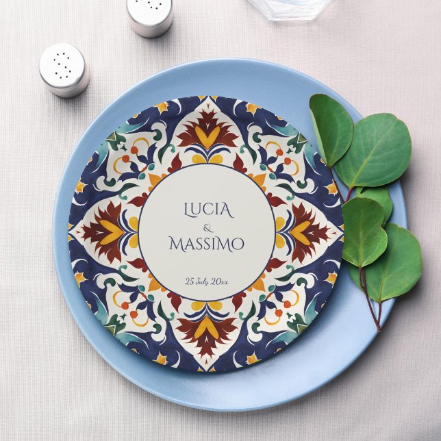 Plato De Papel Impresión del boda azul mediterráneo Azulejo (Azulejo blue Mediterranean Morocco wedding monogram printed Paper Plates personalized table decor)