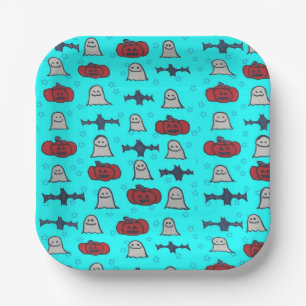 Plato De Papel Impresión divertida de Halloween en azul