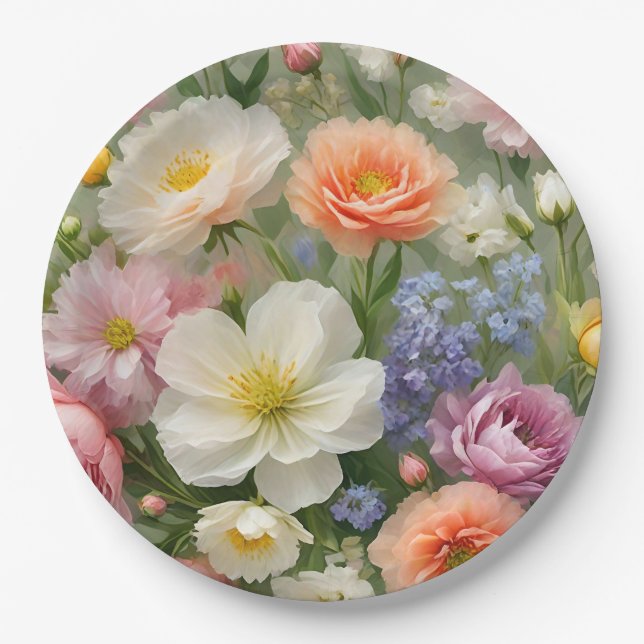 Plato De Papel Impresión floral de pasteles suaves (Anverso)