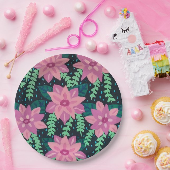 Plato De Papel Impresión floral de resumen rosa y verde (Fiesta)