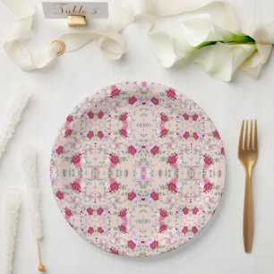 Plato De Papel Impresión floral estilizada en rojo y morado sobre