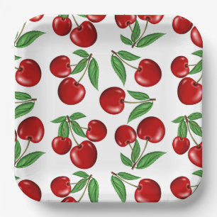 Plato De Papel Impresión gráfica de estilo retro de cerezas roj