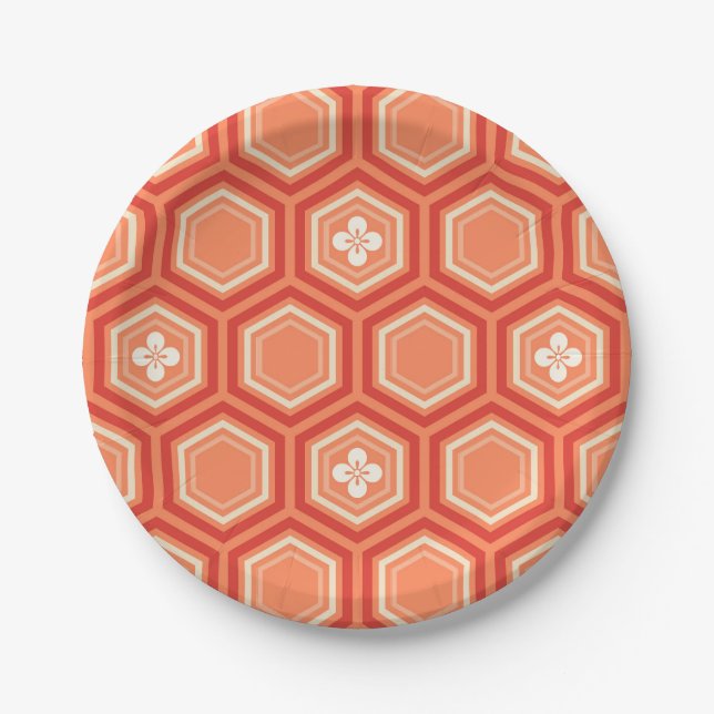 Plato De Papel Impresión Hexagonal Kimono, Naranja mandarín (Anverso)