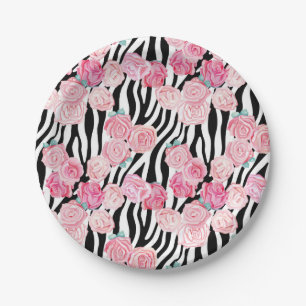 Plato De Papel Impresión rosa de rosas y cebra