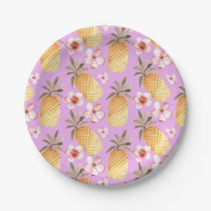 Plato De Papel Impresión tropical de piña retro sobre fondo lilac