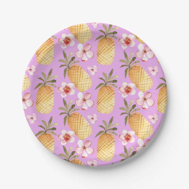 Plato De Papel Impresión tropical de piña retro sobre fondo lilac (Anverso)
