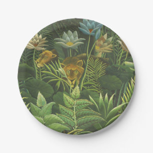 Plato De Papel Impresión vintage de león en jungla tropical de He