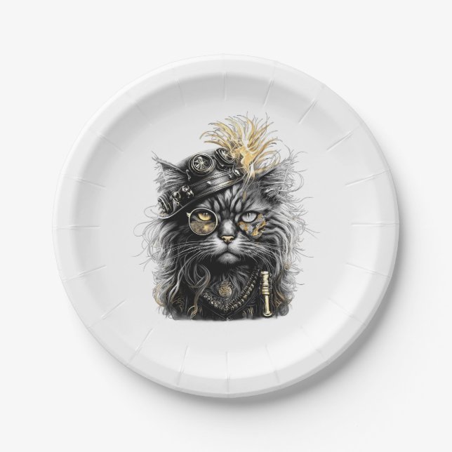 Plato De Papel Impresionante gato steampunk  (Anverso)