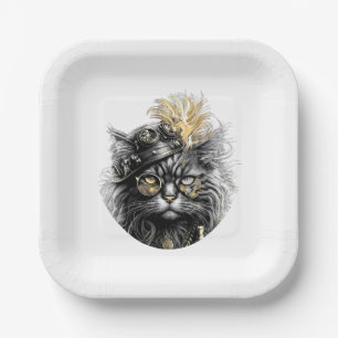 Plato De Papel Impresionante gato steampunk