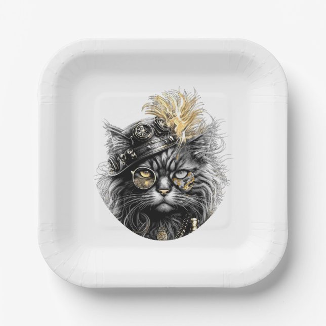 Plato De Papel Impresionante gato steampunk  (Anverso)