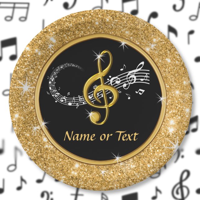 Plato De Papel Impresionantes placas de papel de notas de música, (Music themed paper plates. Music note plates. Musical party supplies. Music graduation party. Gold.)
