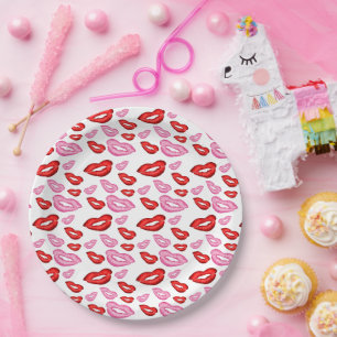 Plato De Papel Impresiones de lápiz labial rosa y rojo