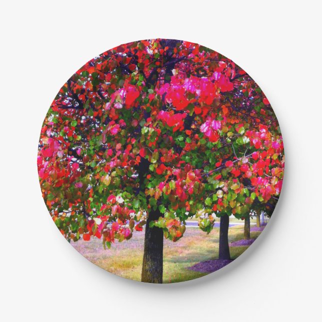 Plato De Papel Impresionistas rosas hojas otoñales (Anverso)