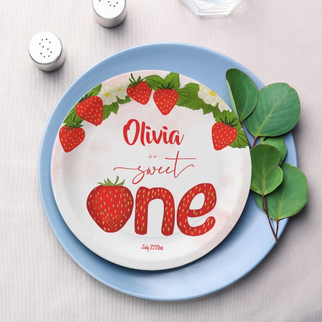 Plato De Papel Imprimida fiesta de cumpleaños de fresa (Sweet one strawberry birthday party printed paper plates template personalized tableware decor)