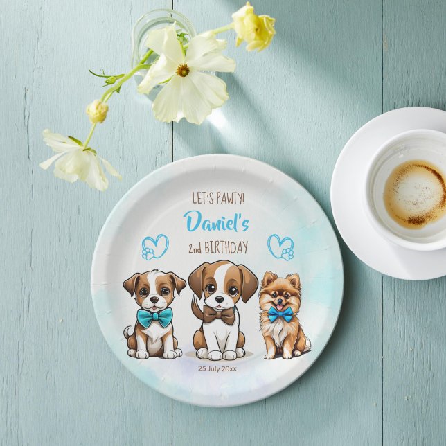 Plato De Papel Imprimieron adorables cachorros azules de cumpleañ (Let's pawty brown blue cute puppies birthday party printed paper plates personalized table decor)