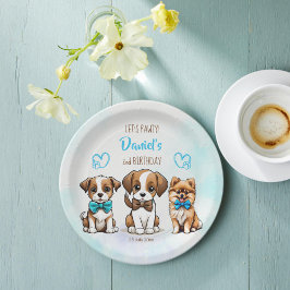 Plato De Papel Imprimieron adorables cachorros azules de cumpleañ