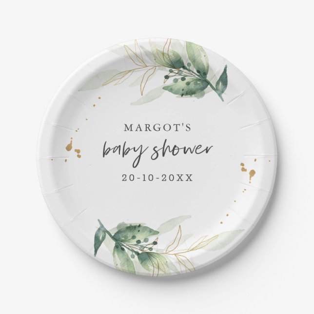 Plato De Papel Impulso Por Baby Shower Greenery Y Gold (Anverso)