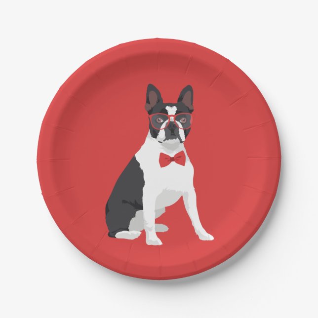 Plato De Papel Inconformista Boston Terrier con los vidrios y la (Anverso)