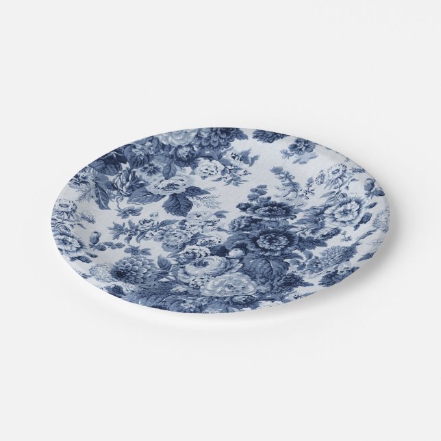Plato De Papel Indigo Blue Floral Toile No. 3 (Angular)