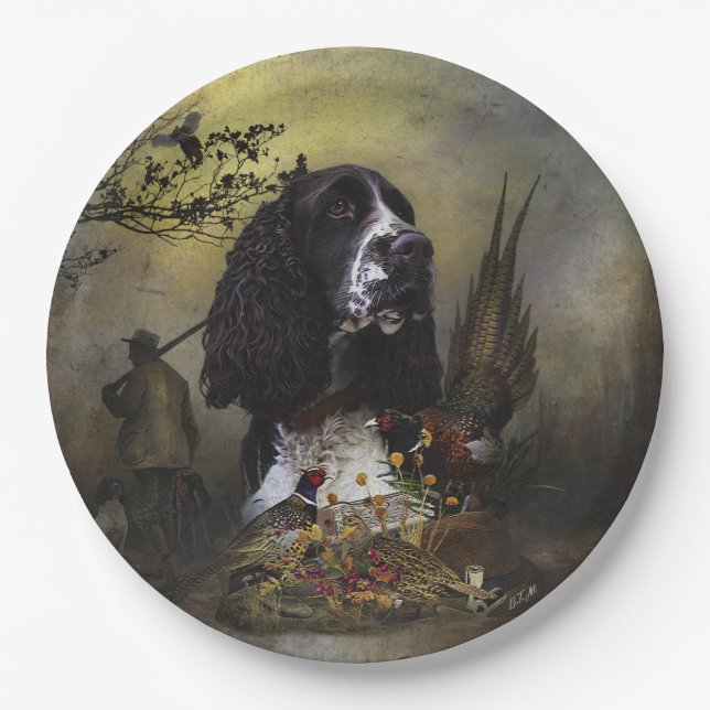 Plato De Papel Inglés Springer Spaniel con faisán (Anverso)