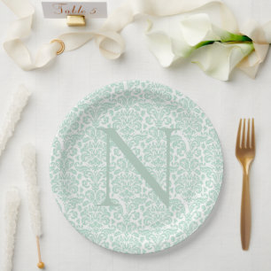 Plato De Papel Inicial de monograma en verde salvia Damask 